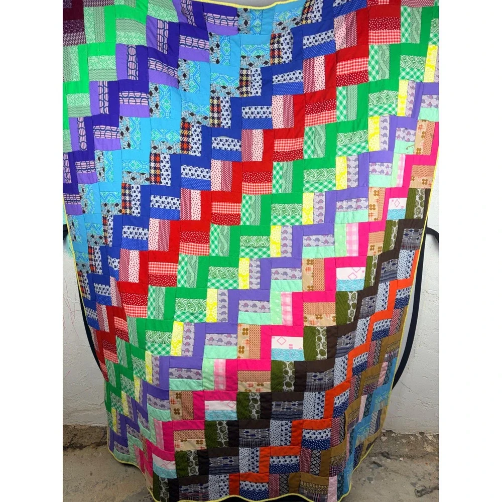 Vintage Handmade Patchwork Quilt Rainbow Polyester Double Knit 70s Retro 68x82